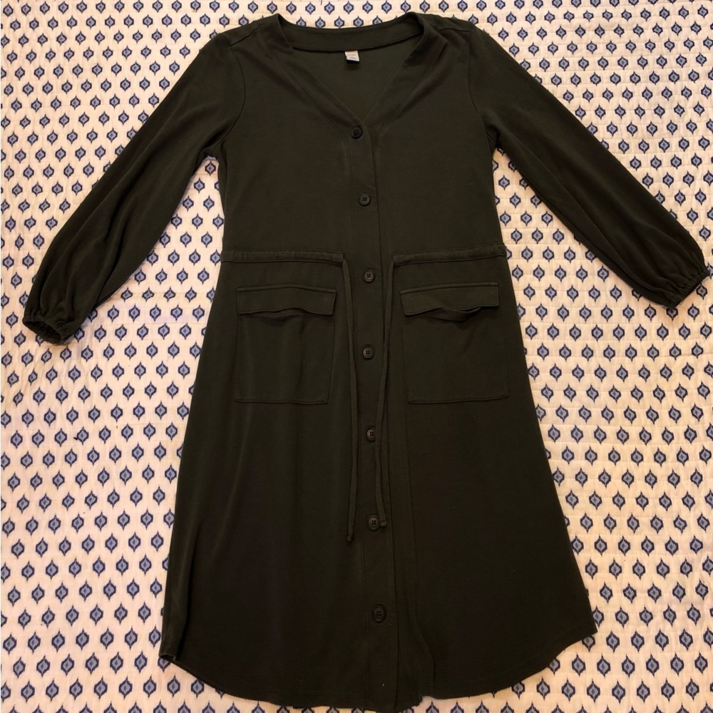 Old Navy Dark Green Button-Up LS Dress medium